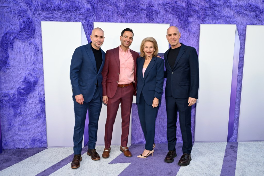 Paramount Global co-CEOs Chris McCarthy (left) George Cheeks (center) and Brian Robbins (right) with Paramount Chairman Shari Redstone. 